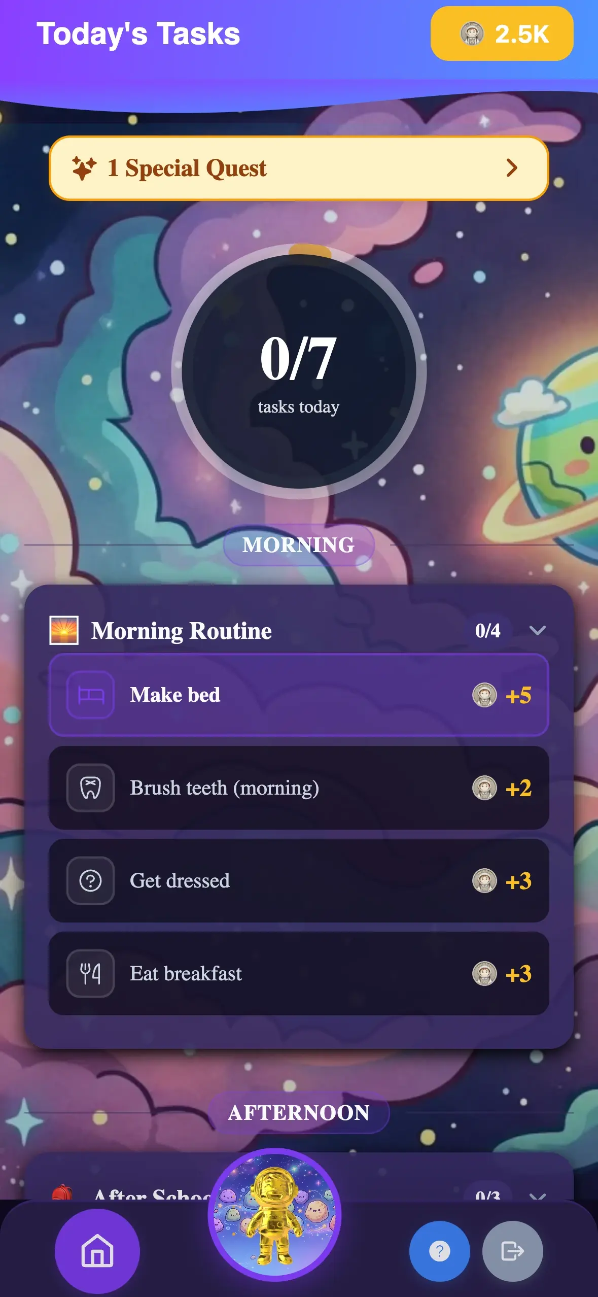Daily routines screen — checklist of morning, school, and bedtime tasks with Kudo Coin rewards