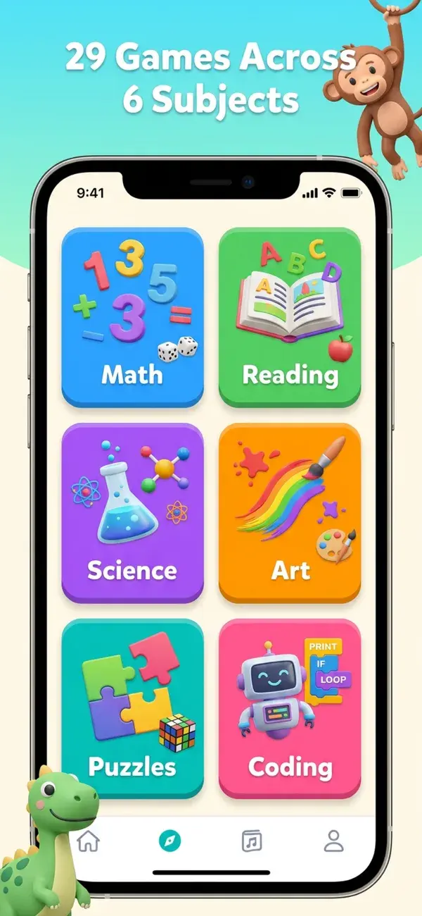 Educational games across Math, Reading, Science, Art, Puzzles, and Coding