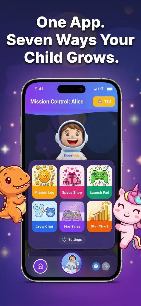 KudoKids app — kid completing tasks and earning points in Space World