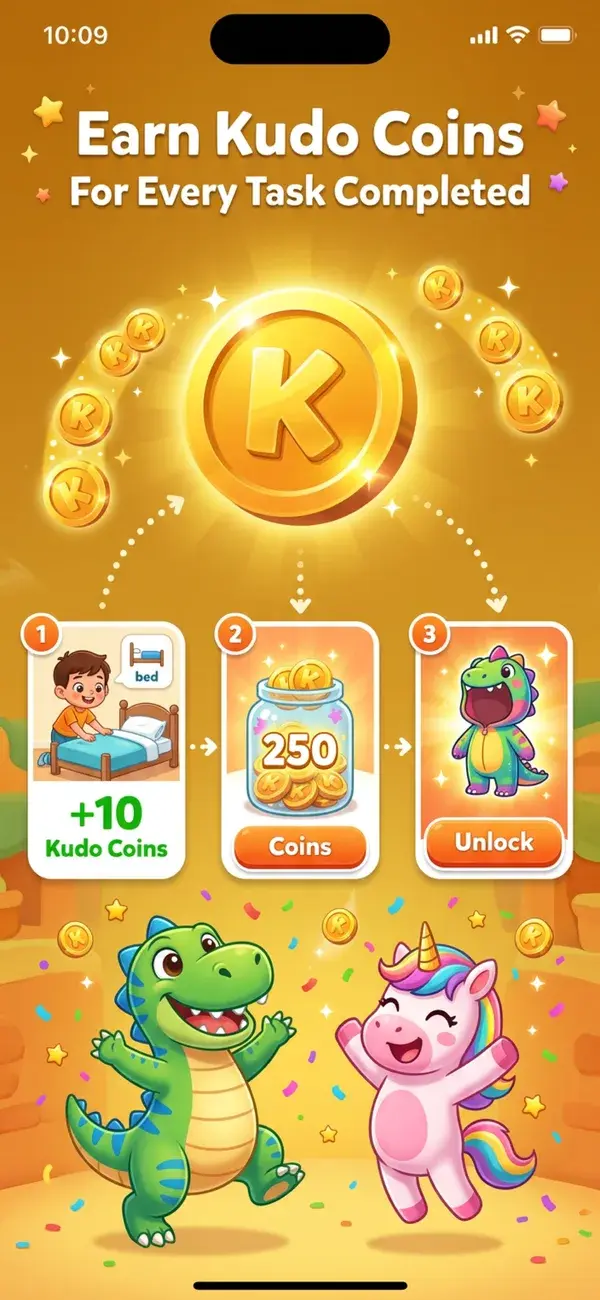 Kids earning Kudo Coins for completed tasks to unlock new companions