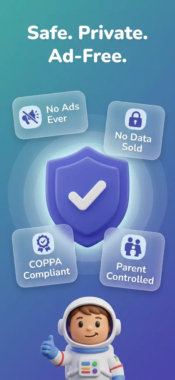 Safety features: no ads, no data sold, COPPA compliant, parent controlled