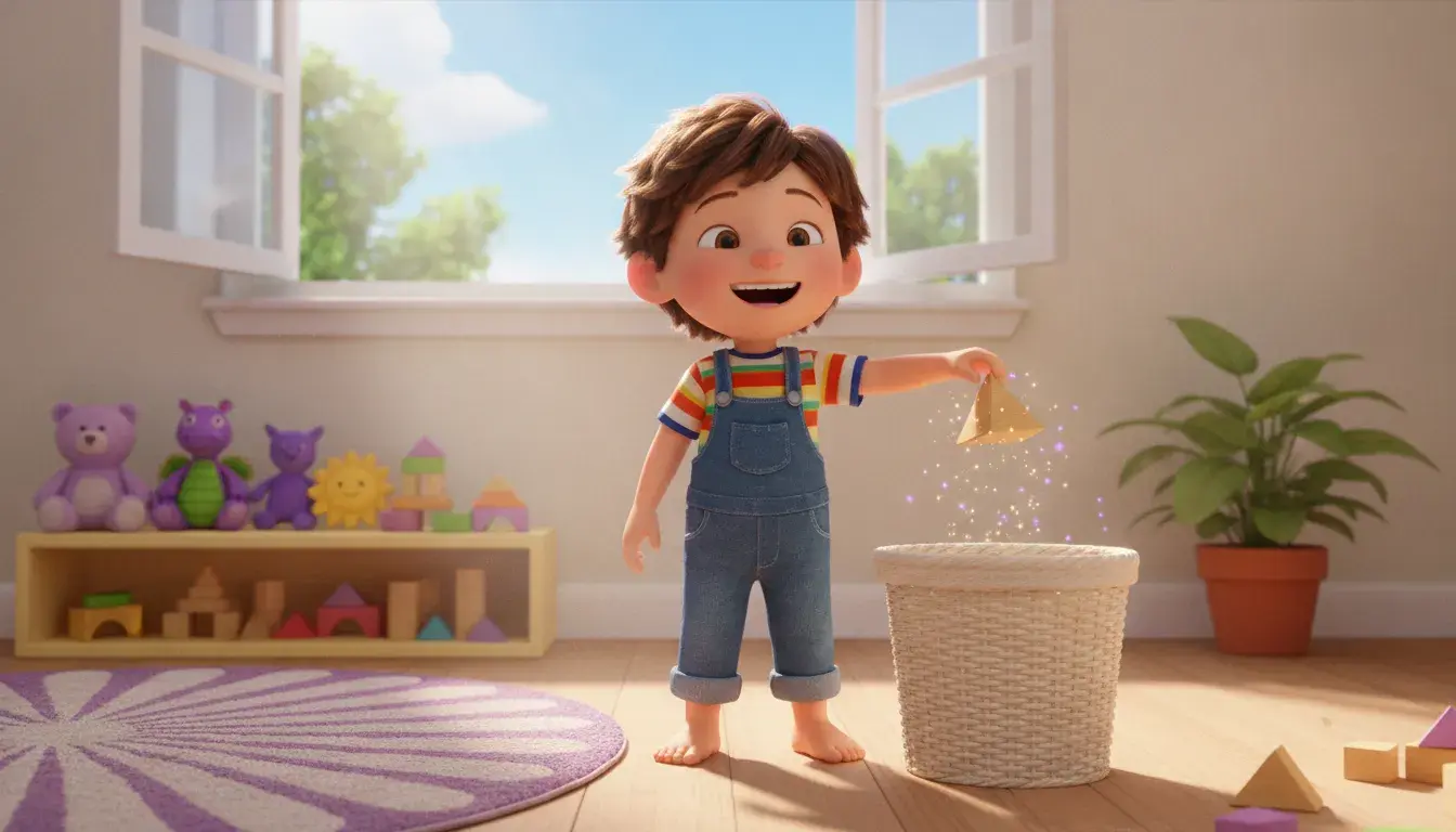 A young child in dungarees drops the last wooden block into a woven toy basket in a sunny playroom, gold sparkles trailing behind it
