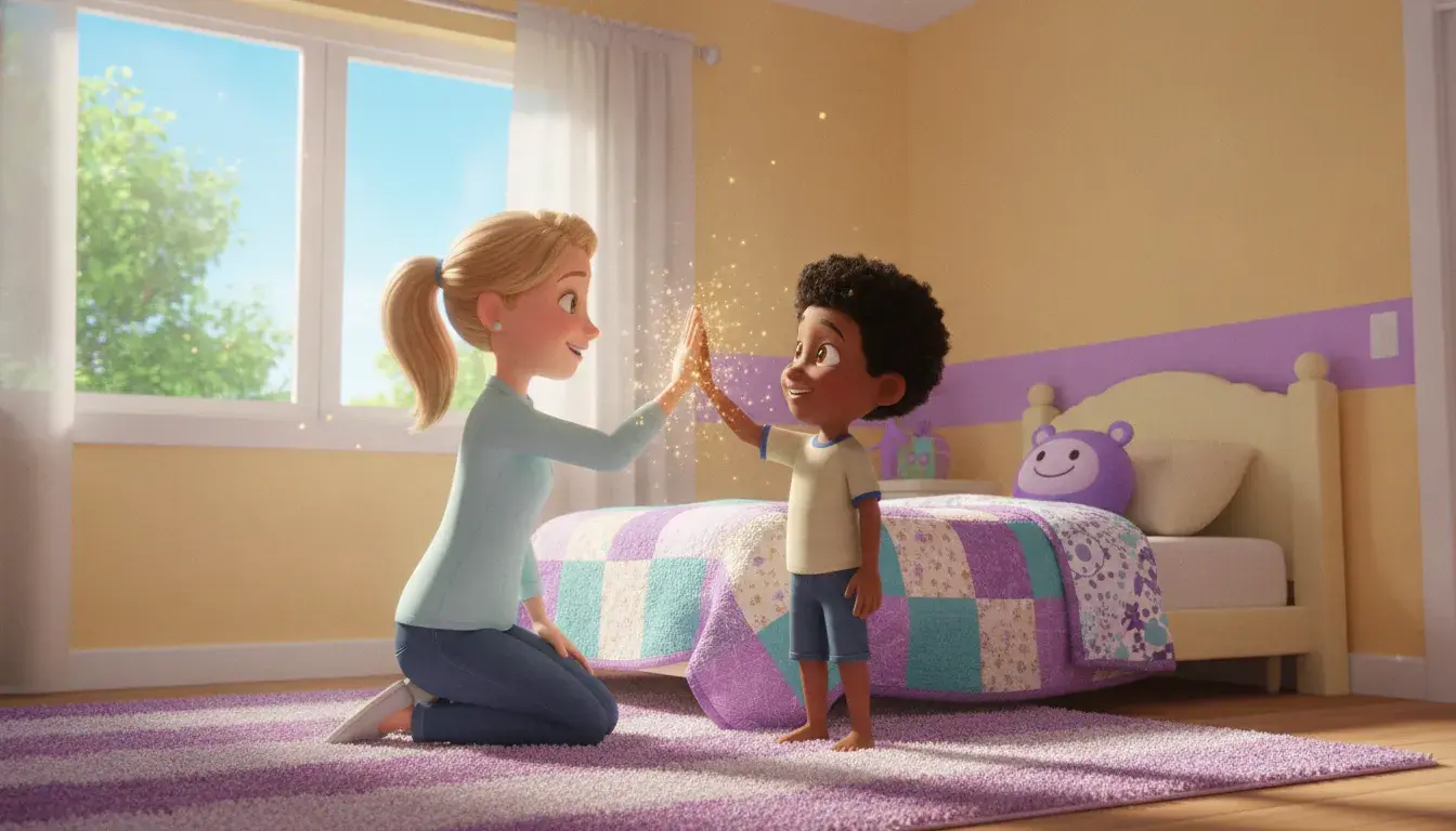 A mother kneels to high-five her proud son of about 6 beside his freshly made bed in a sunny bedroom