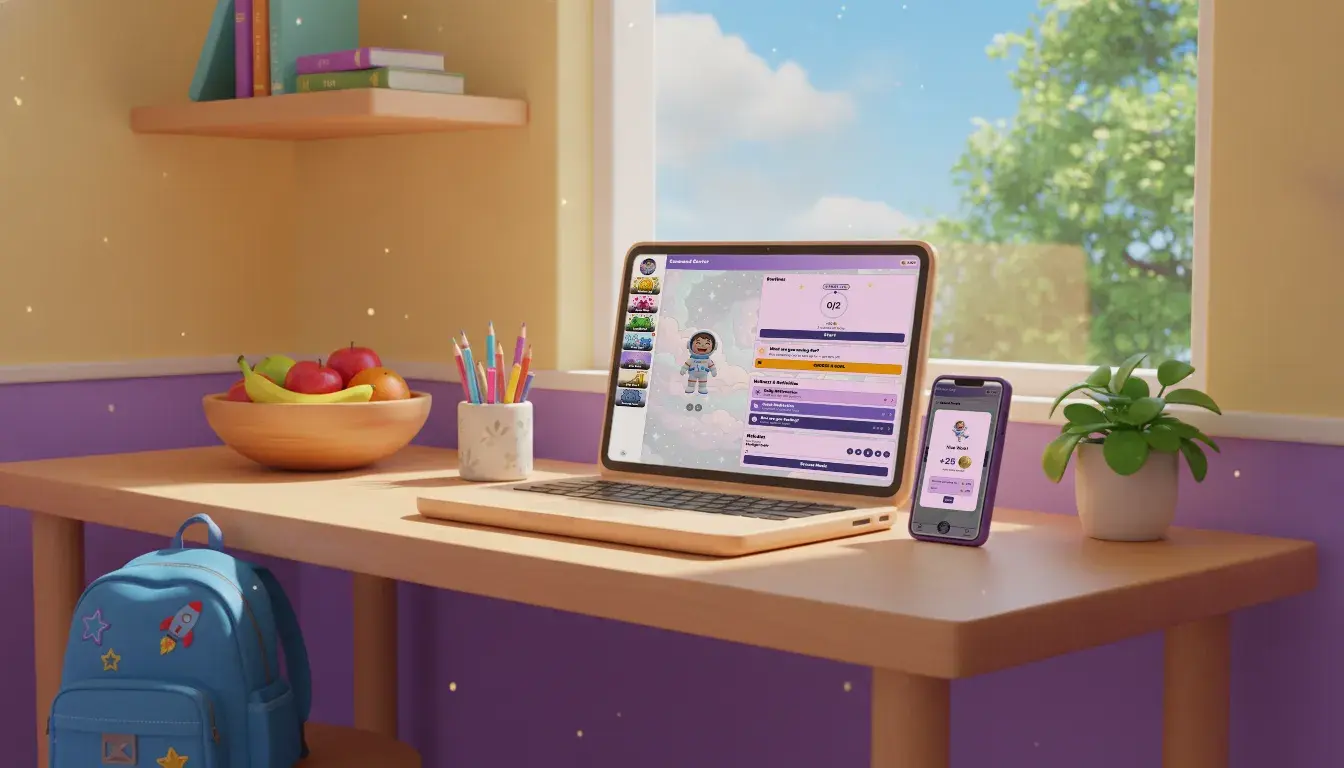 A sunny homework desk: a child's KudoKids home screen open on a laptop and a Kudo Coins celebration on a phone propped beside it, a school backpack below