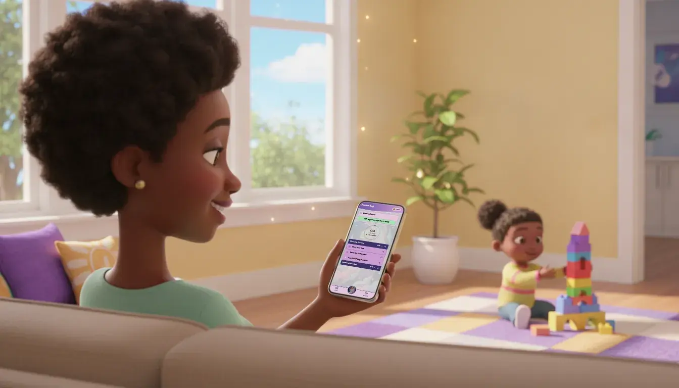 Over a mother's shoulder on the couch in a sunny living room: a child's routine list in KudoKids on her phone, while her toddler builds a block tower on the rug behind