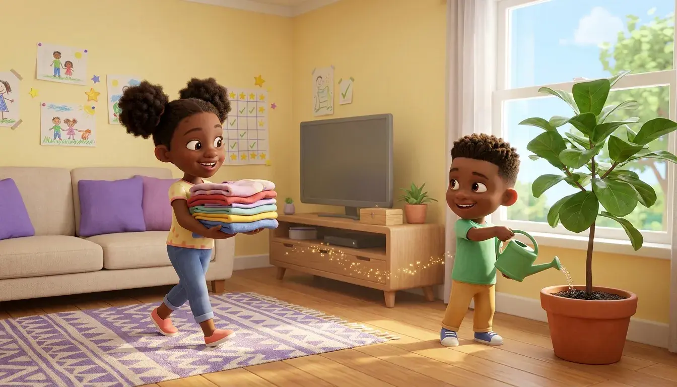 Two Black siblings doing chores in a sunny living room: a girl of about 8 carries folded laundry while her brother of about 5 waters a potted plant in the corner by the window; the TV is off
