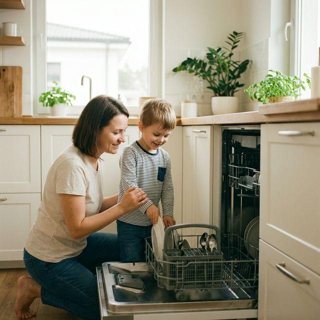 Parent and child working on a household task together at home