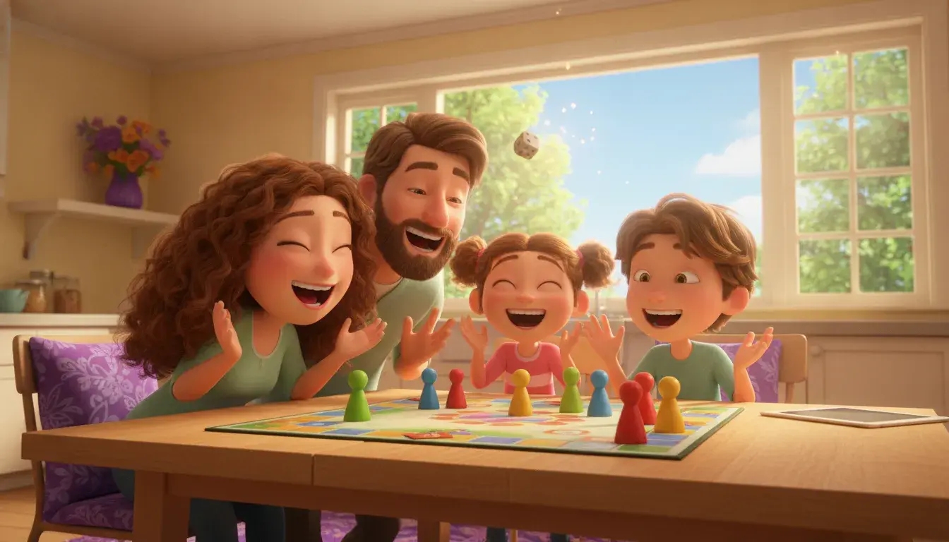 A family of four laughs over a board game at the kitchen table in bright afternoon sun, a die mid-air, while a tablet lies face-down and set aside at the table's edge