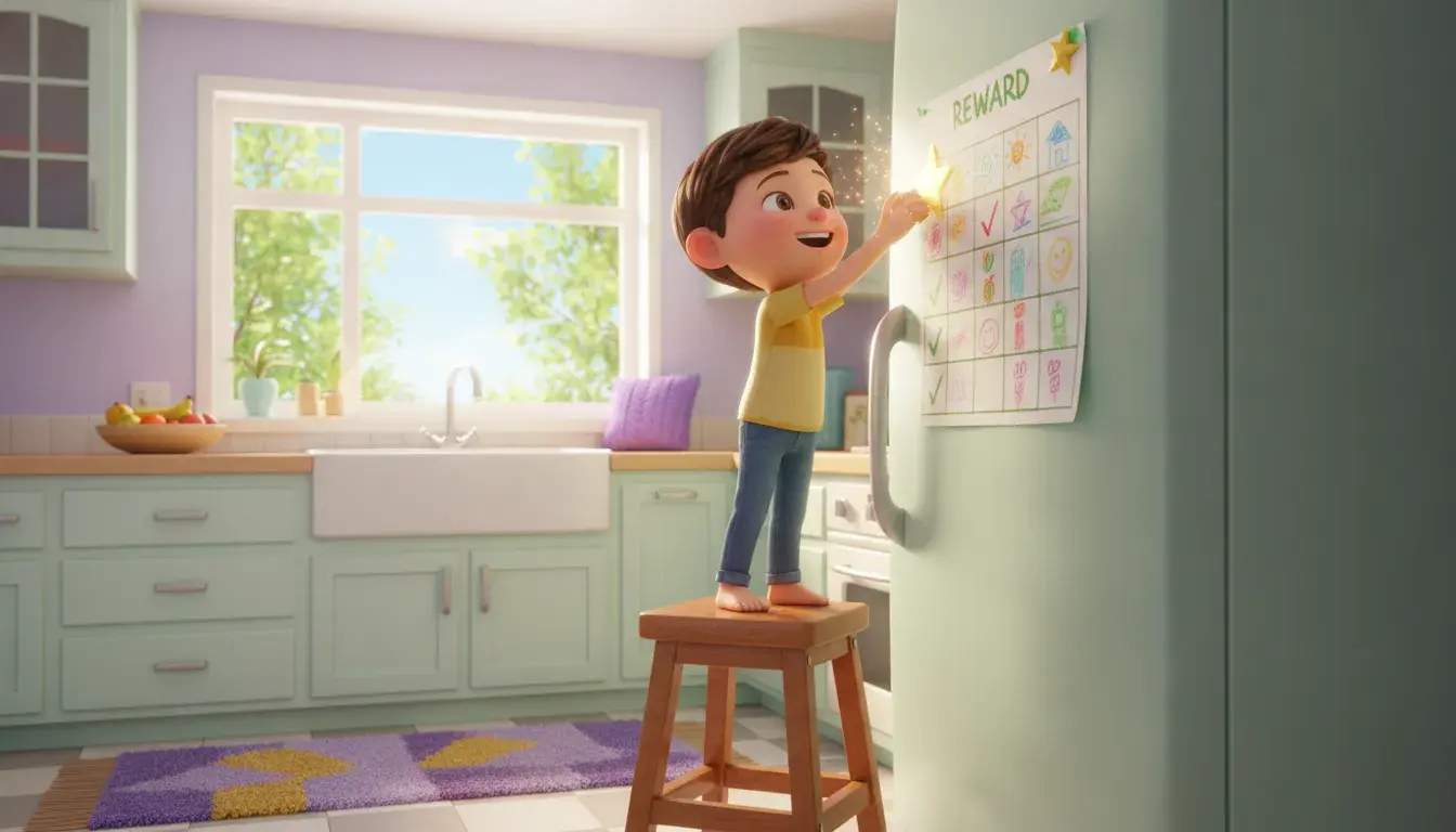 A child standing on a step stool presses a glowing gold star onto a hand-drawn chart on the refrigerator in a bright, sunny kitchen