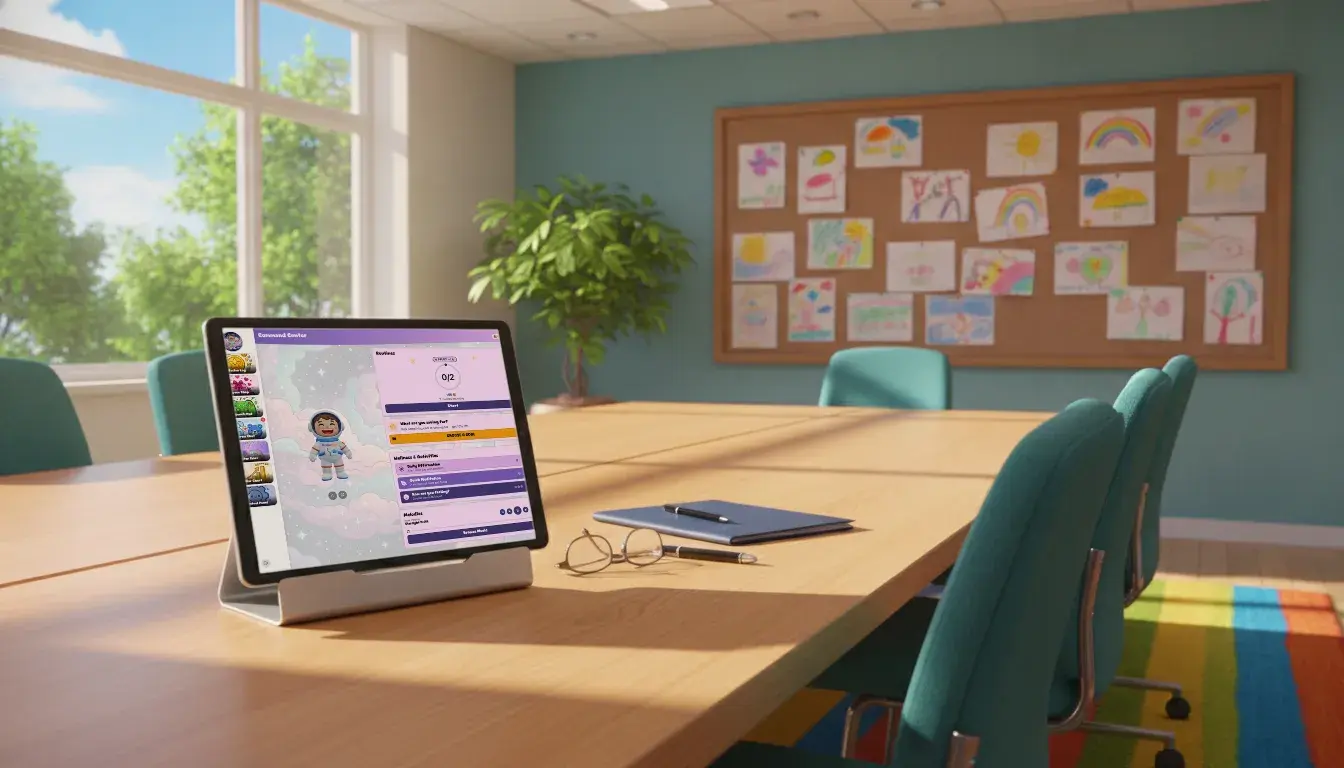 A sunlit district meeting room: a tablet on the conference table shows a child's KudoKids home screen, beside a closed folder, a pen and reading glasses