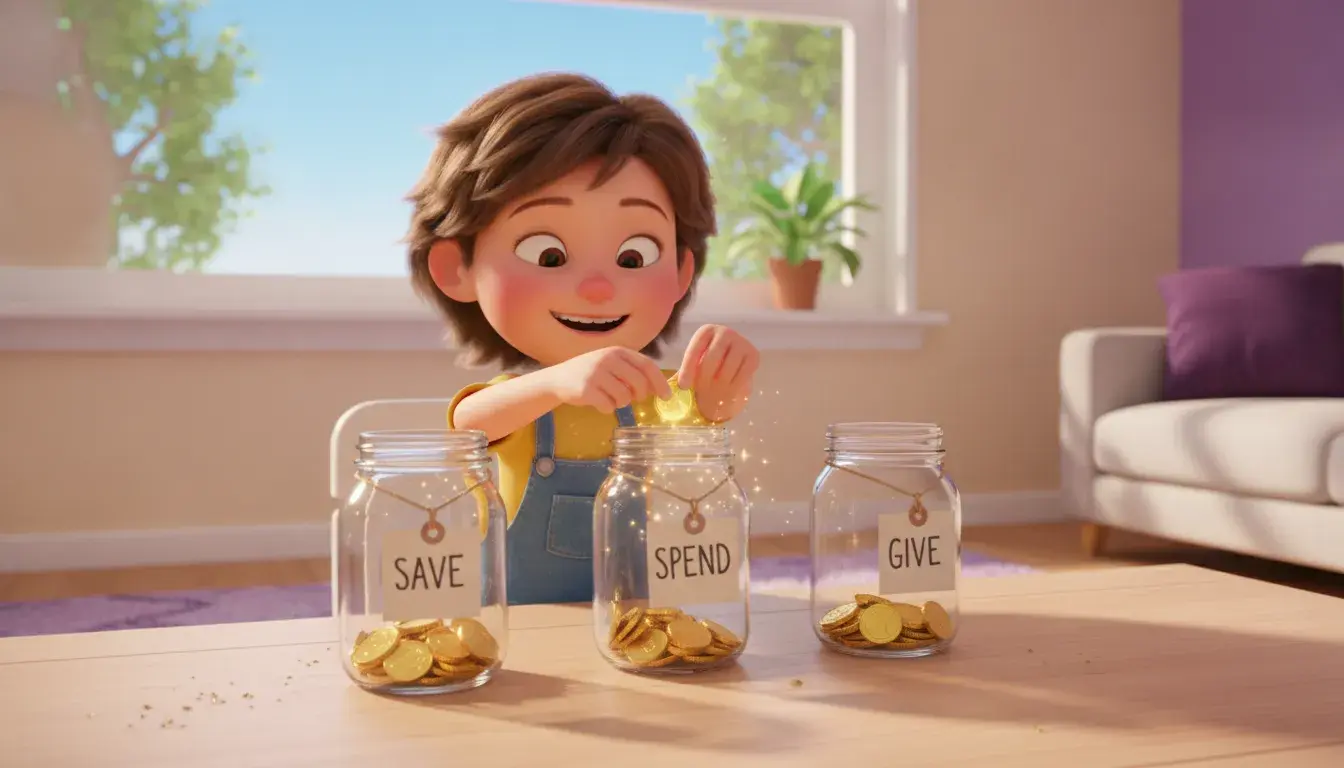 A smiling child at a sunlit wooden table drops a gold coin into the middle one of three mason jars tagged Save, Spend and Give