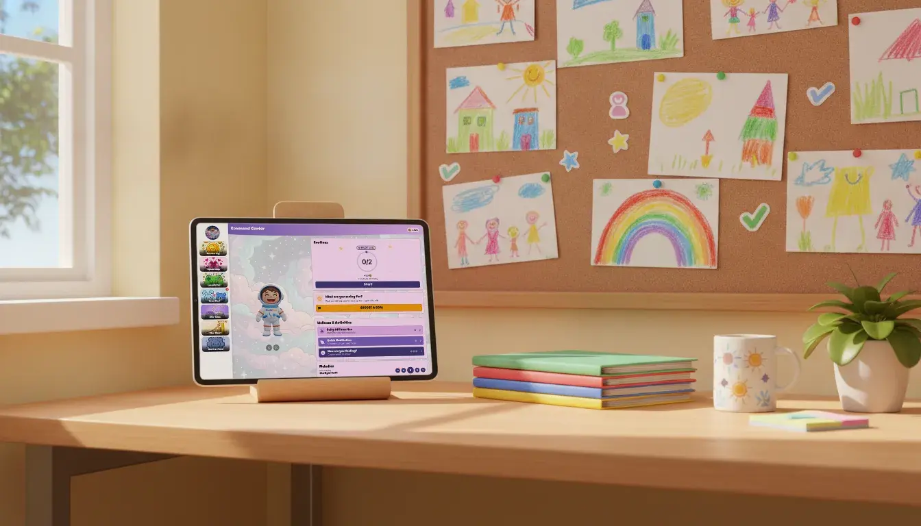 A coordinator's sunlit desk: a child's KudoKids home screen on a tablet in front of a corkboard full of children's crayon drawings
