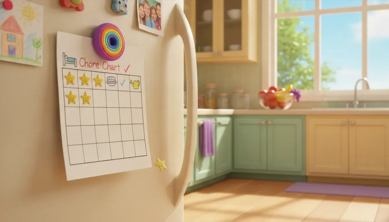 A paper chore chart curling off a refrigerator door in a sunny kitchen, its first rows full of gold stars and the rest empty, one star caught mid-fall