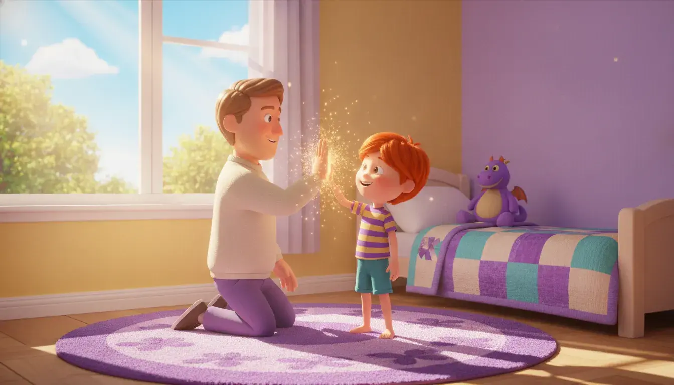 A parent kneels to high-five a proud child beside a freshly made bed in a sunny bedroom, gold sparkles bursting where their hands meet