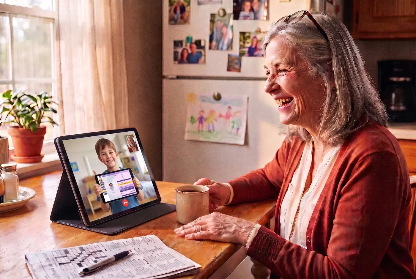 A grandmother laughing at her kitchen table on a video call as her grandchild proudly holds up a tablet showing their KudoKids home screen