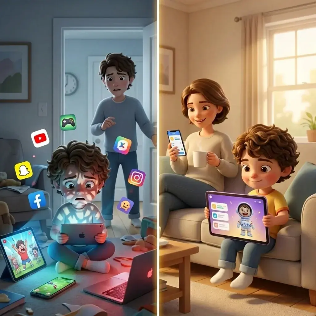 Before and after split: frustrated parent nagging vs calm parent while child proudly shows completed tasks on KudoKids