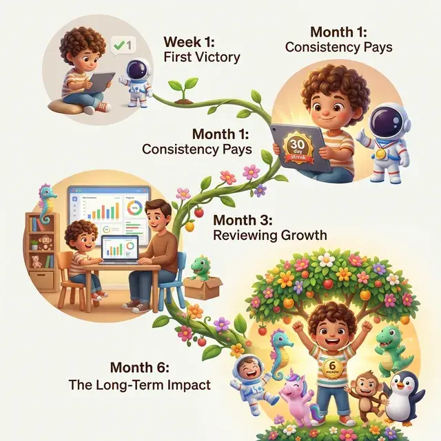 Growth timeline showing a child's development from Week 1 to Month 6, with a growing vine and companions celebrating milestones