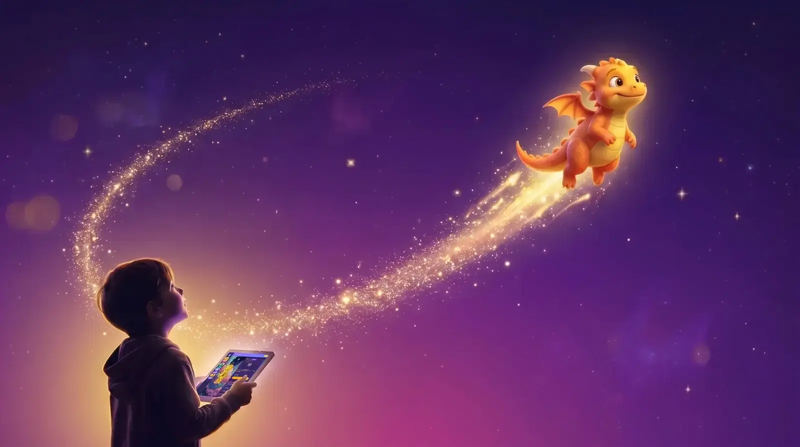 A child holds a tablet running the KudoKids app as their companion soars upward on a long trail of golden sparkles across a cosmic sky, suggesting growth over time