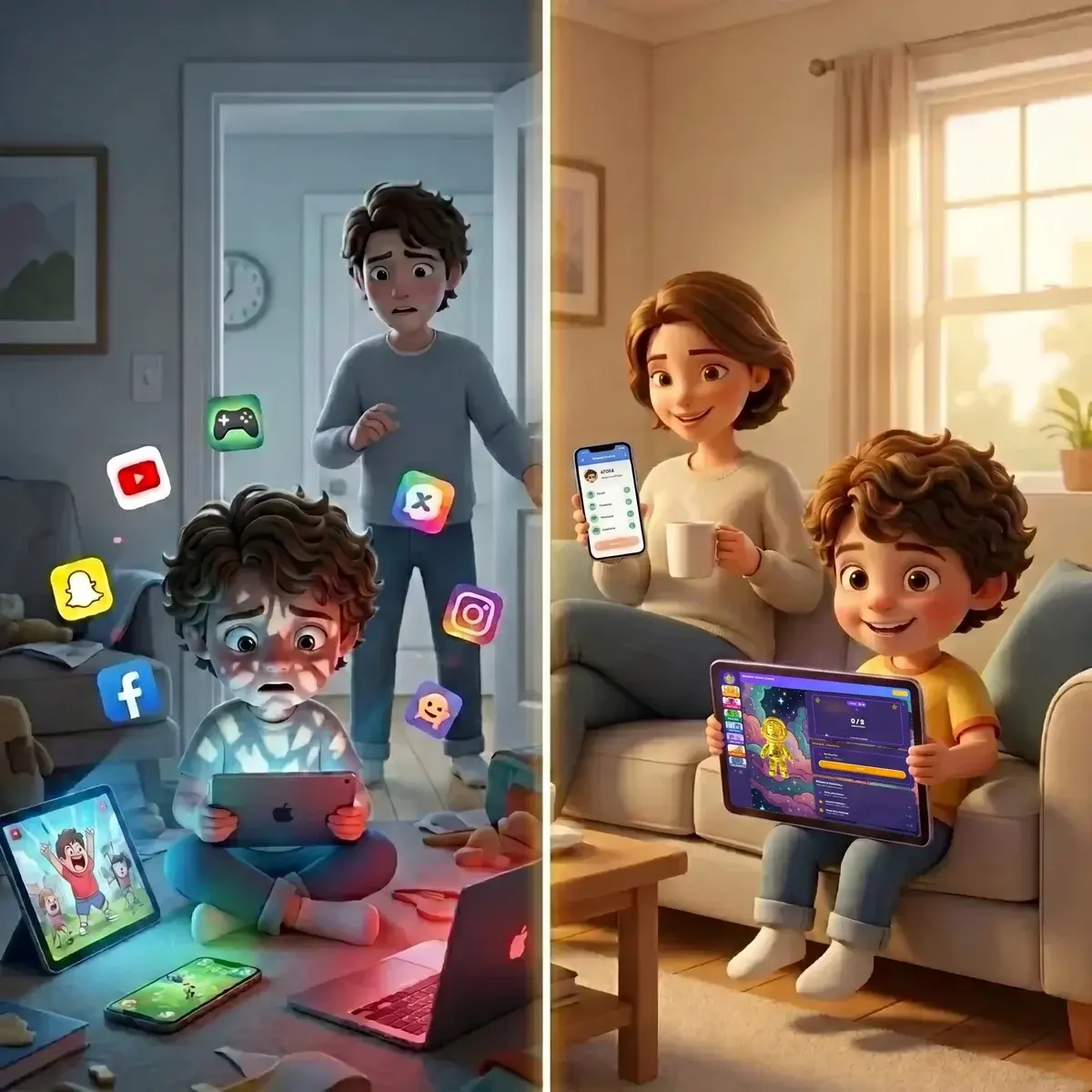 Split scene: on the left, a child slumped over scattered devices and a swarm of disconnected apps while a worried parent watches; on the right, the same child sitting up with a parent, holding a tablet running the KudoKids app