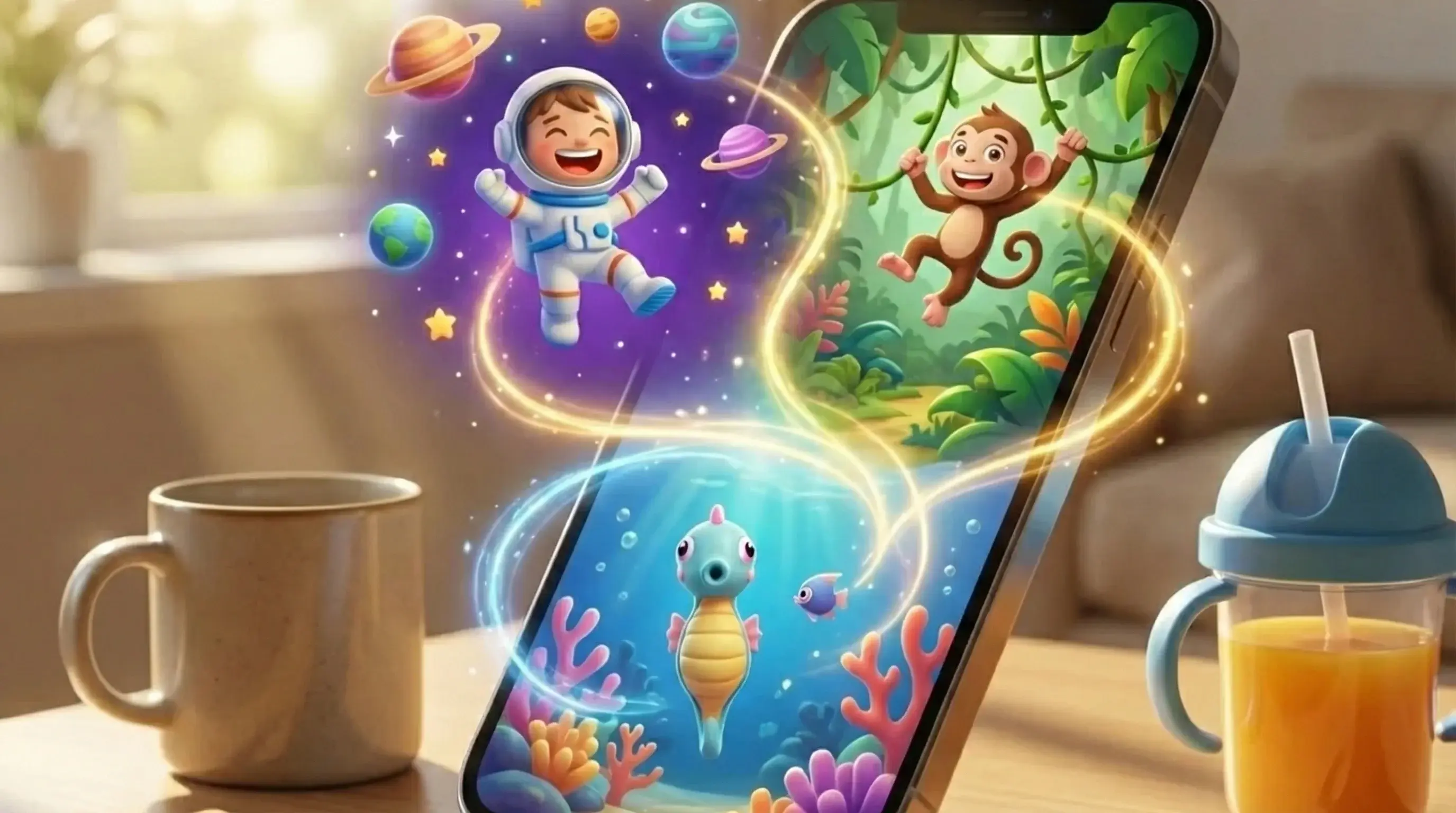 KudoKids app showing a child's digital world with themed worlds, companions, and growth activities