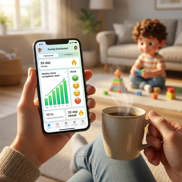 Parent's hands holding a phone showing KudoKids dashboard with habit progress and mood tracking