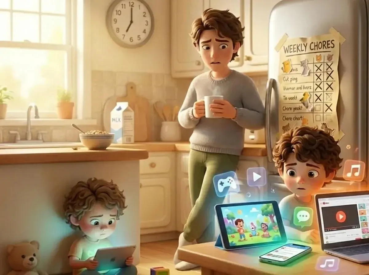 A partially completed paper chore chart on a refrigerator with some stickers peeling off