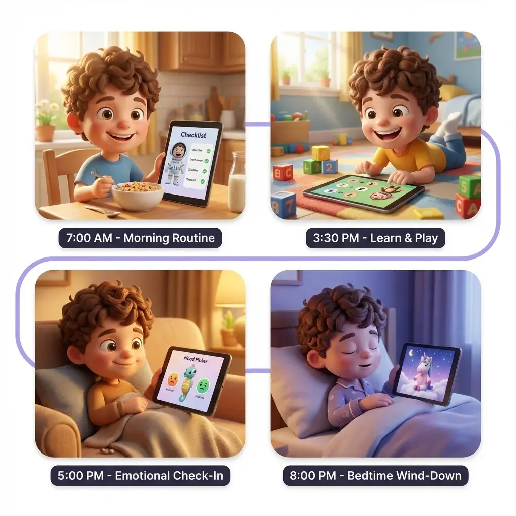 A day in the life with KudoKids showing four moments: morning routine, after-school learning, evening tasks, and bedtime story