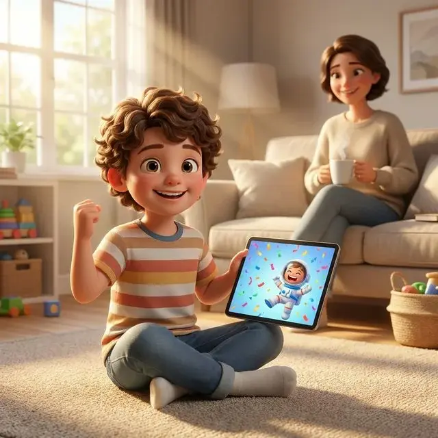 A child placing a gold star sticker on a colorful reward chart on the refrigerator