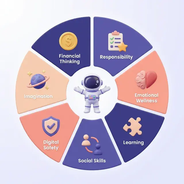 Circular wheel showing KudoKids' 7 developmental domains with Cosmo the companion at the center