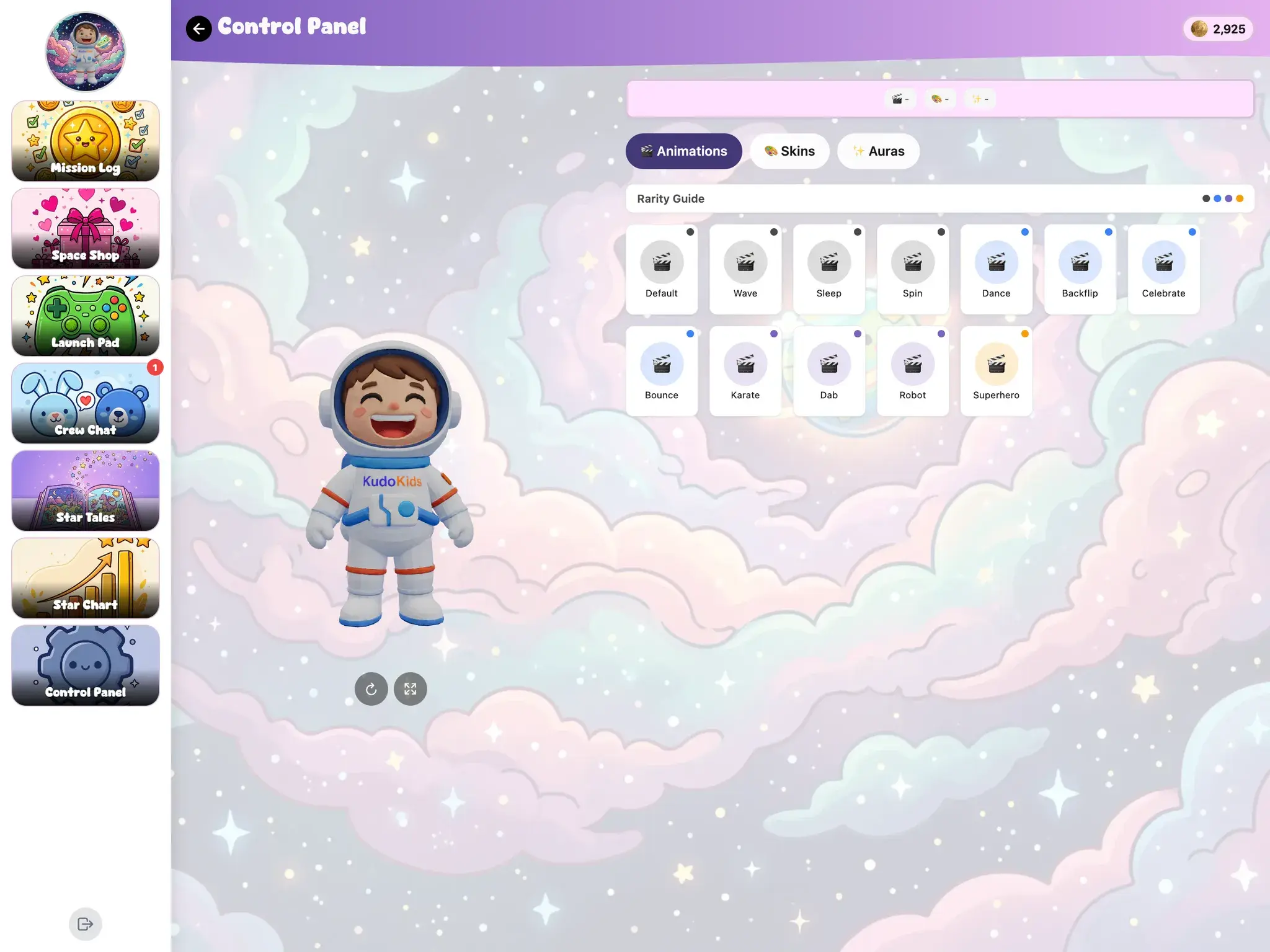 KudoKids companion customization on iPad — the child's 3D companion with the animations rail open and tabs for skins and auras.