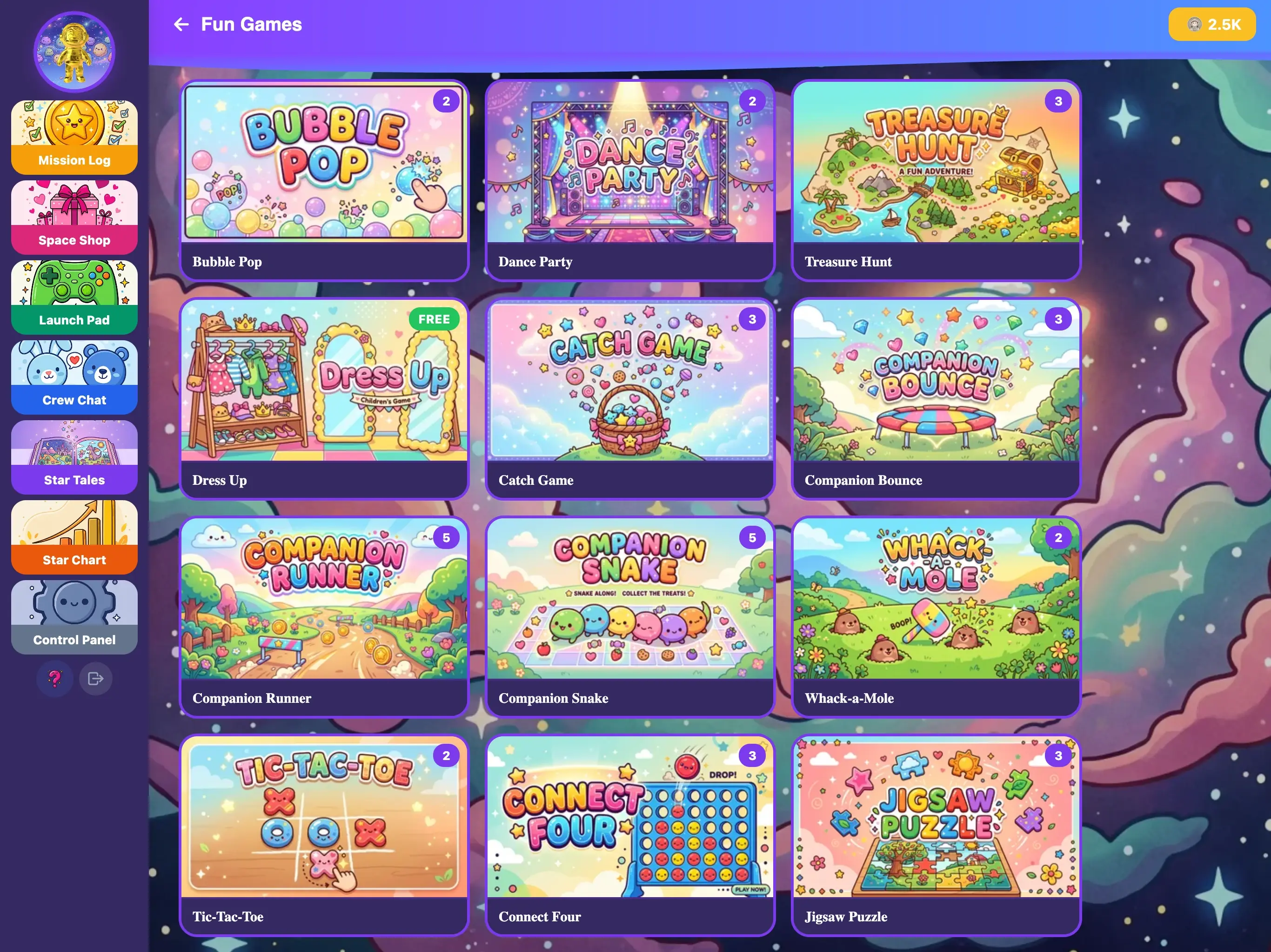 KudoKids Fun Games library on iPad — companion-themed arcade games priced in Kudo Coins.