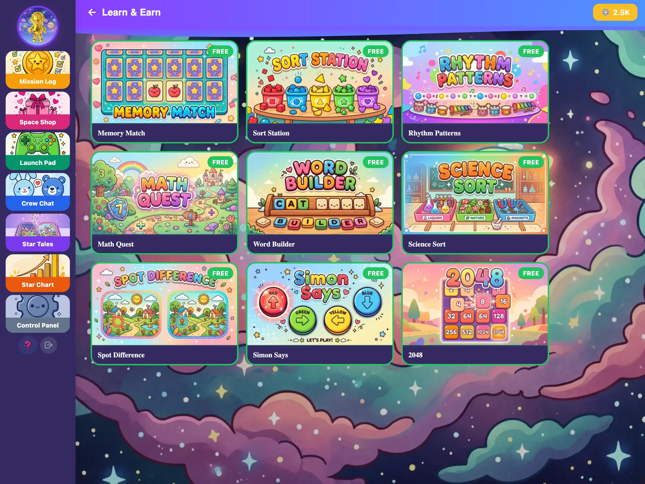 KudoKids Learning Games library on iPad — math, reading, and science games organized by skill area.