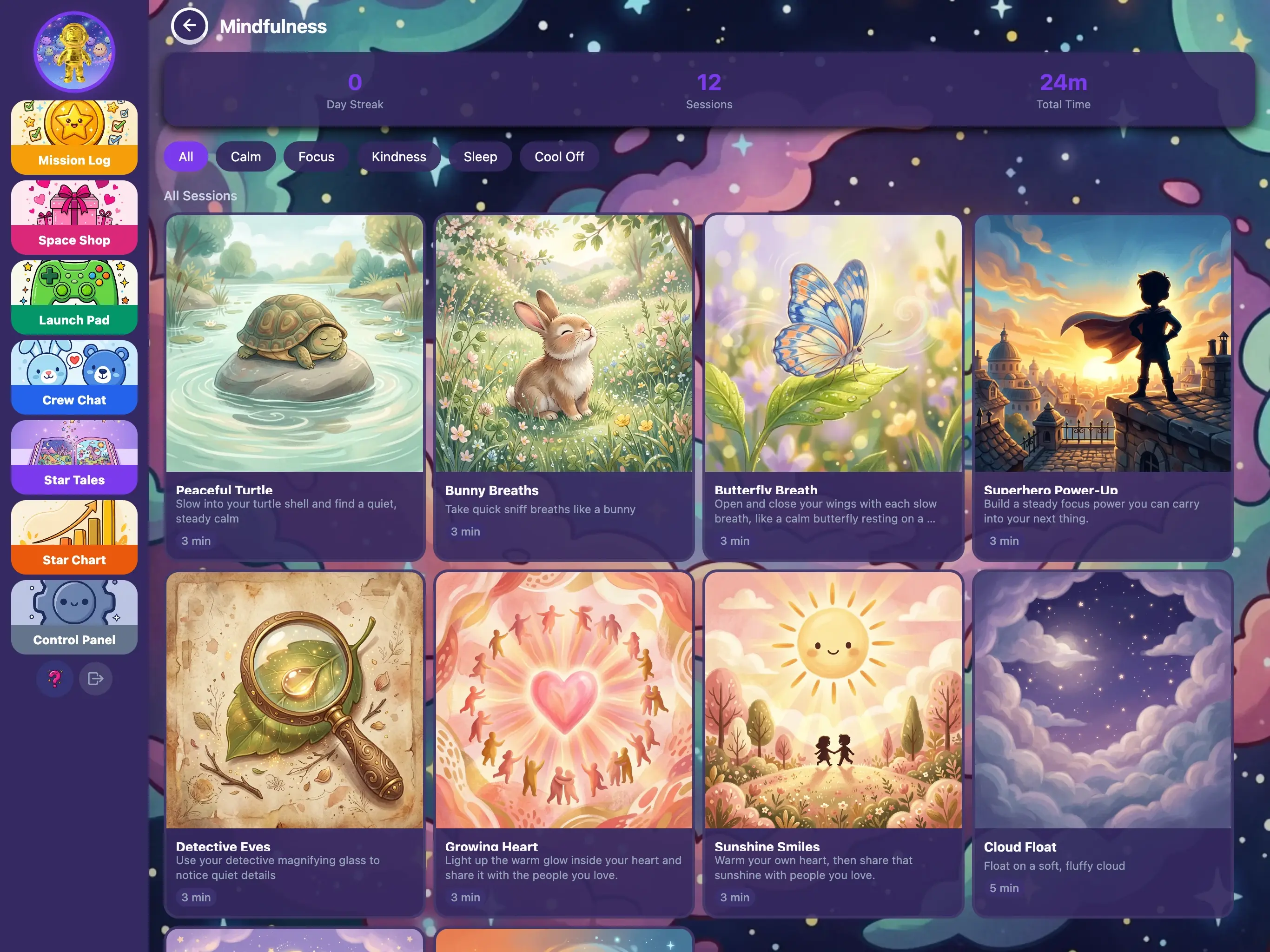 KudoKids meditation player on iPad showing a guided session with companion narration and breathing visuals.
