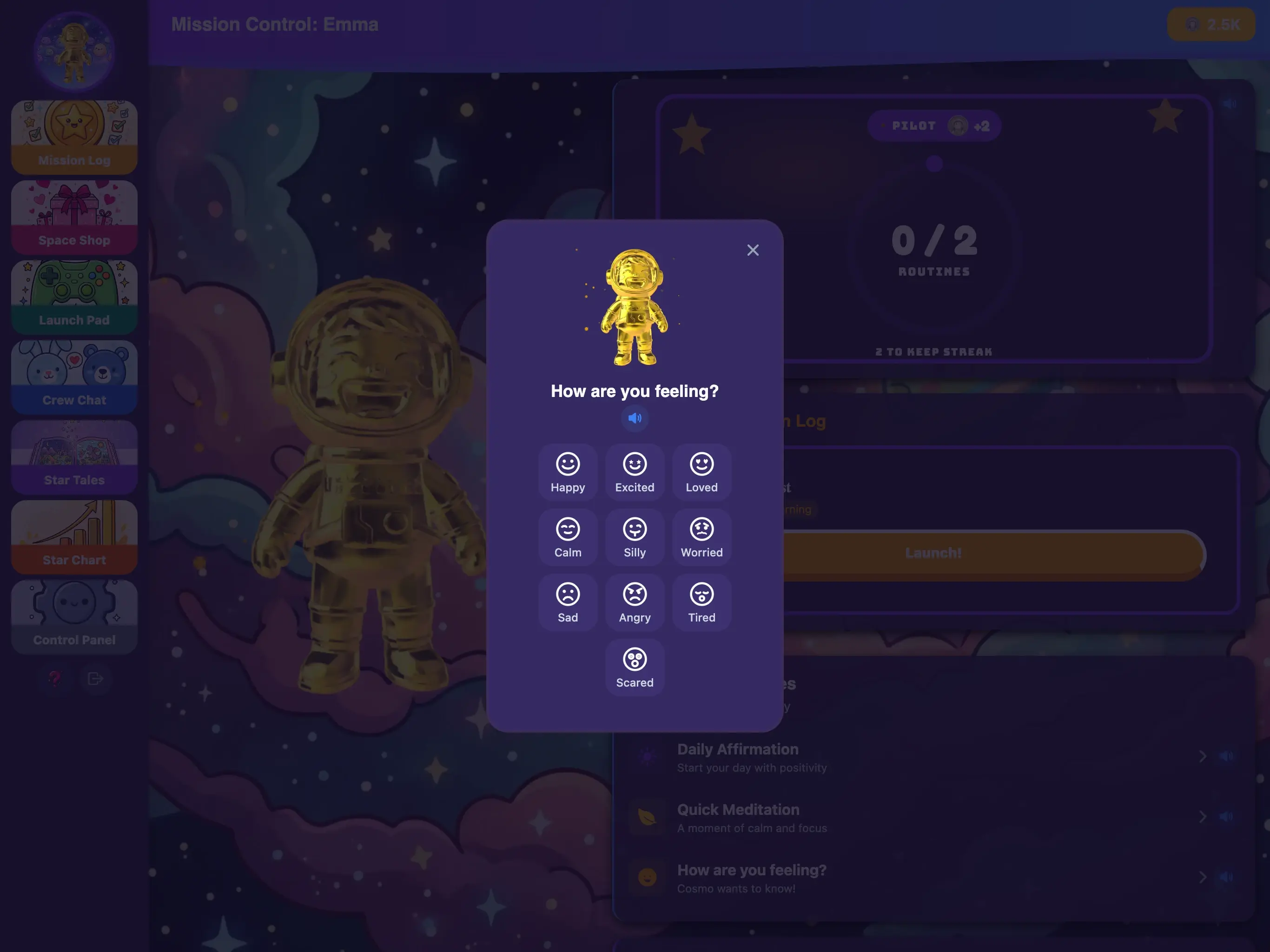 KudoKids Mood Check-In screen — a child taps an emotion picker while their companion looks on.