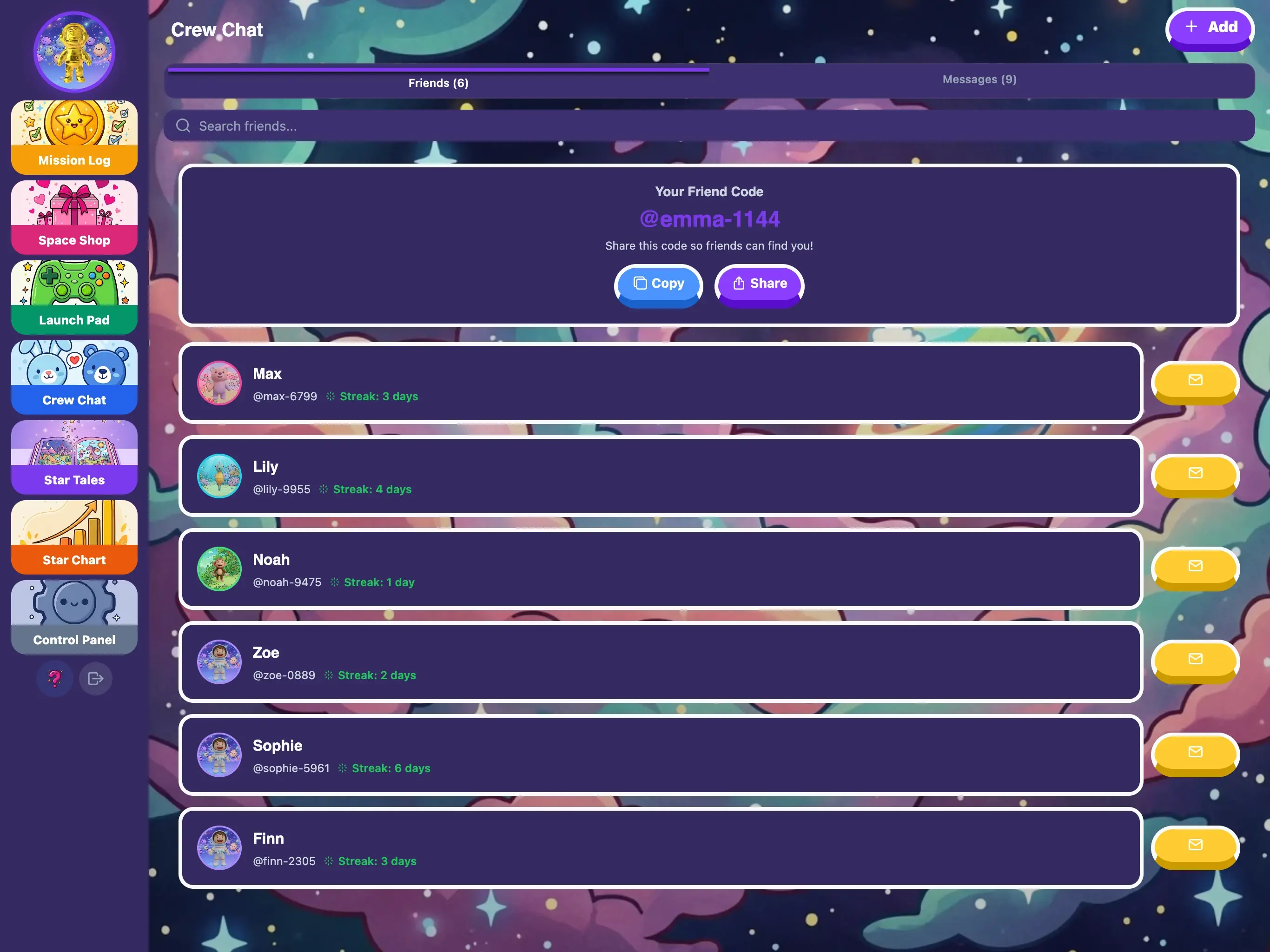 KudoKids Social screen on iPad — friend list and parent-monitored conversations in a safe interface.
