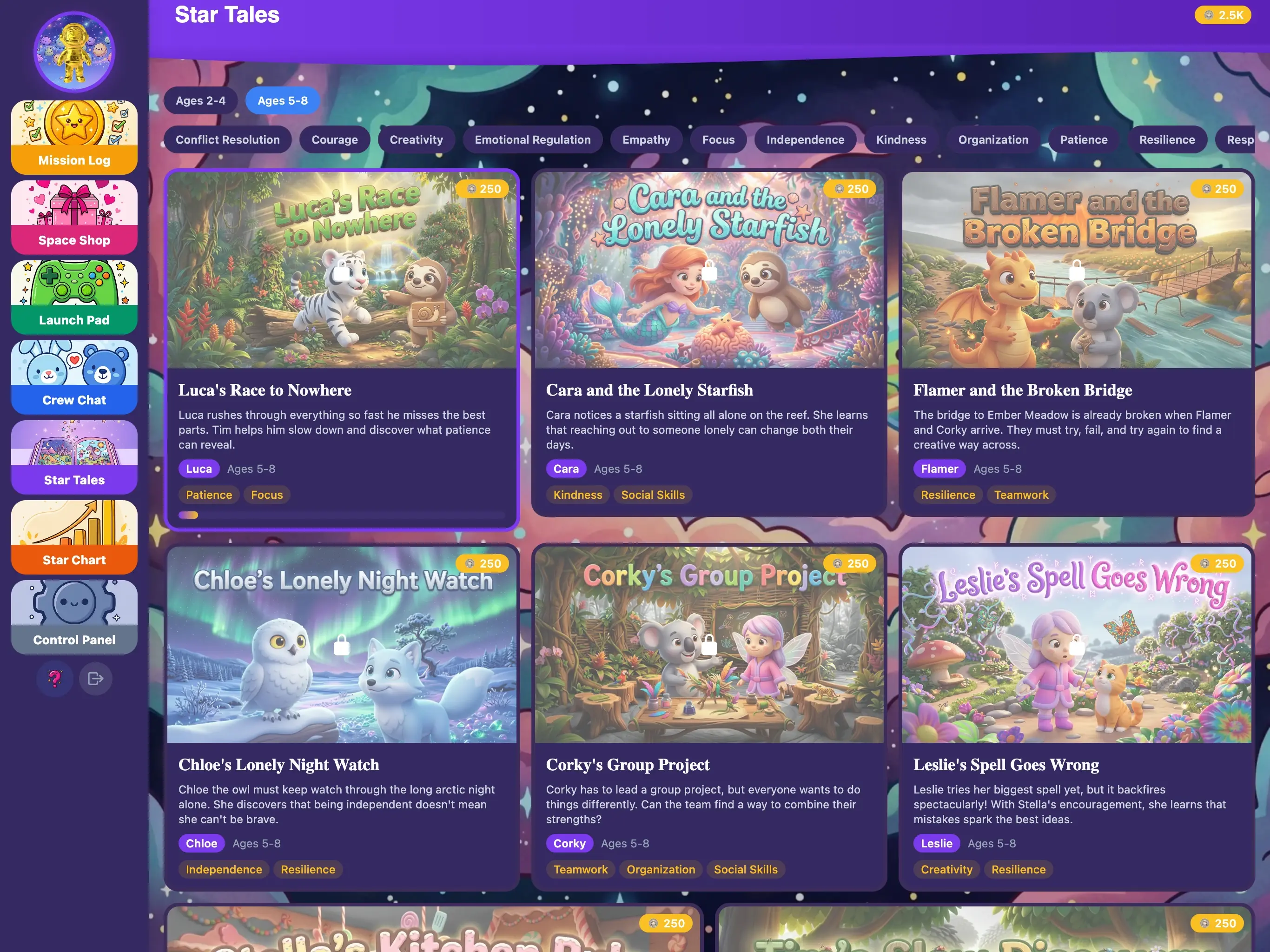 KudoKids Stories library on iPad — illustrated picture books grouped by growth area and age.