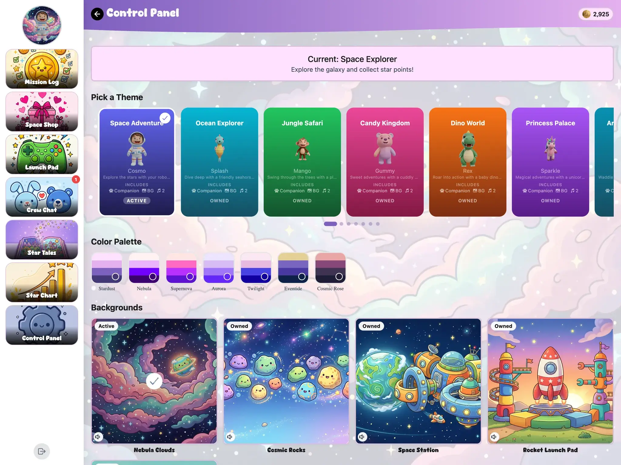 KudoKids Control Panel on iPad — a scrolling row of themed-world cards with their companions, plus color palettes and unlockable backgrounds.