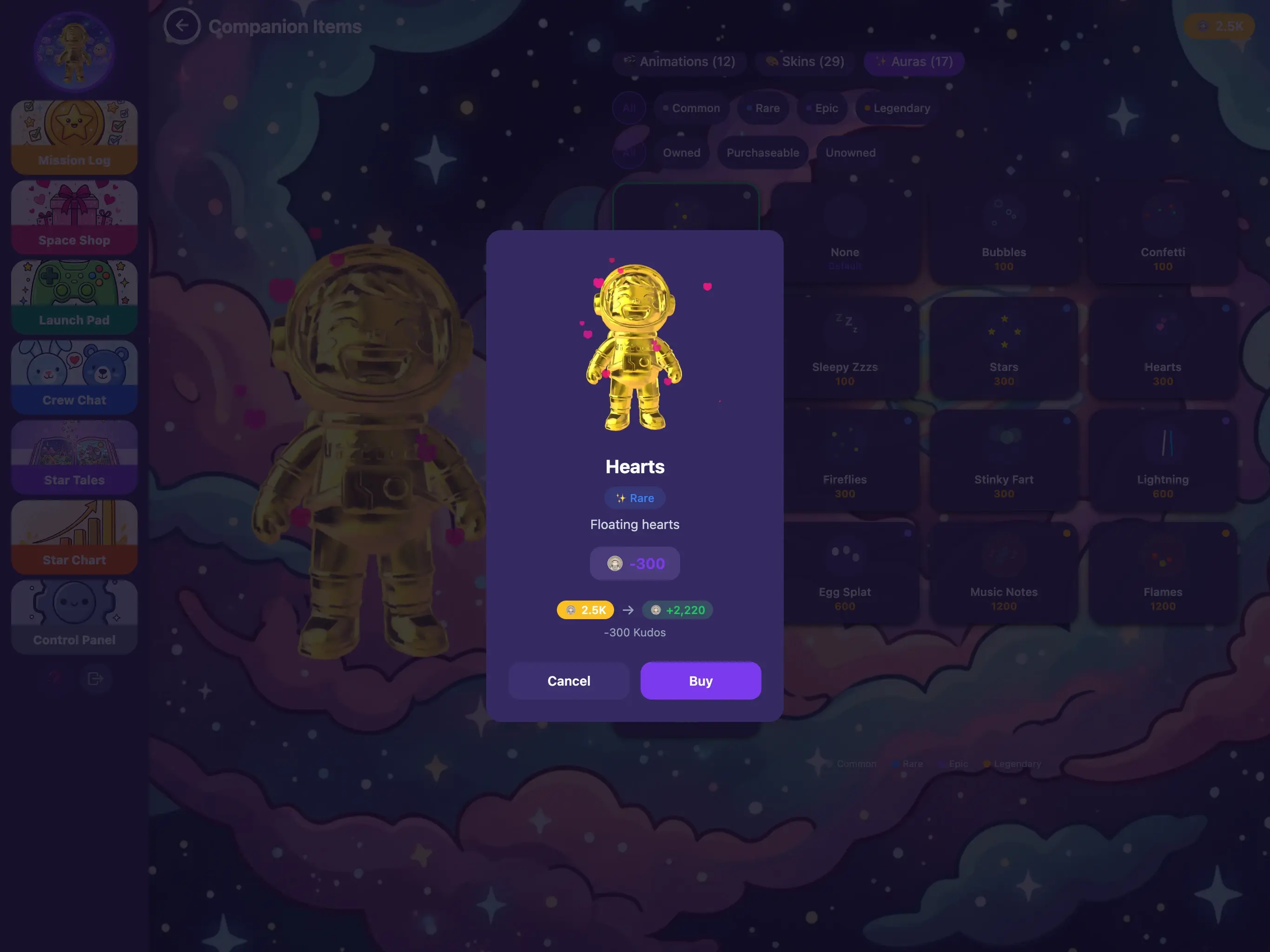 KudoKids Unlock Auras store on iPad — aura effects priced in earned Kudo Coins.