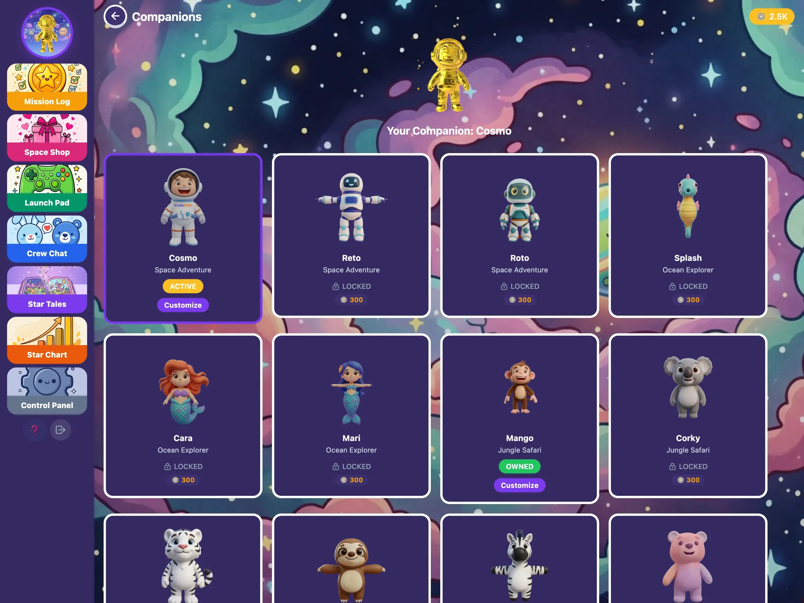 KudoKids Unlock Companions store on iPad — companions available for purchase with Kudo Coins.