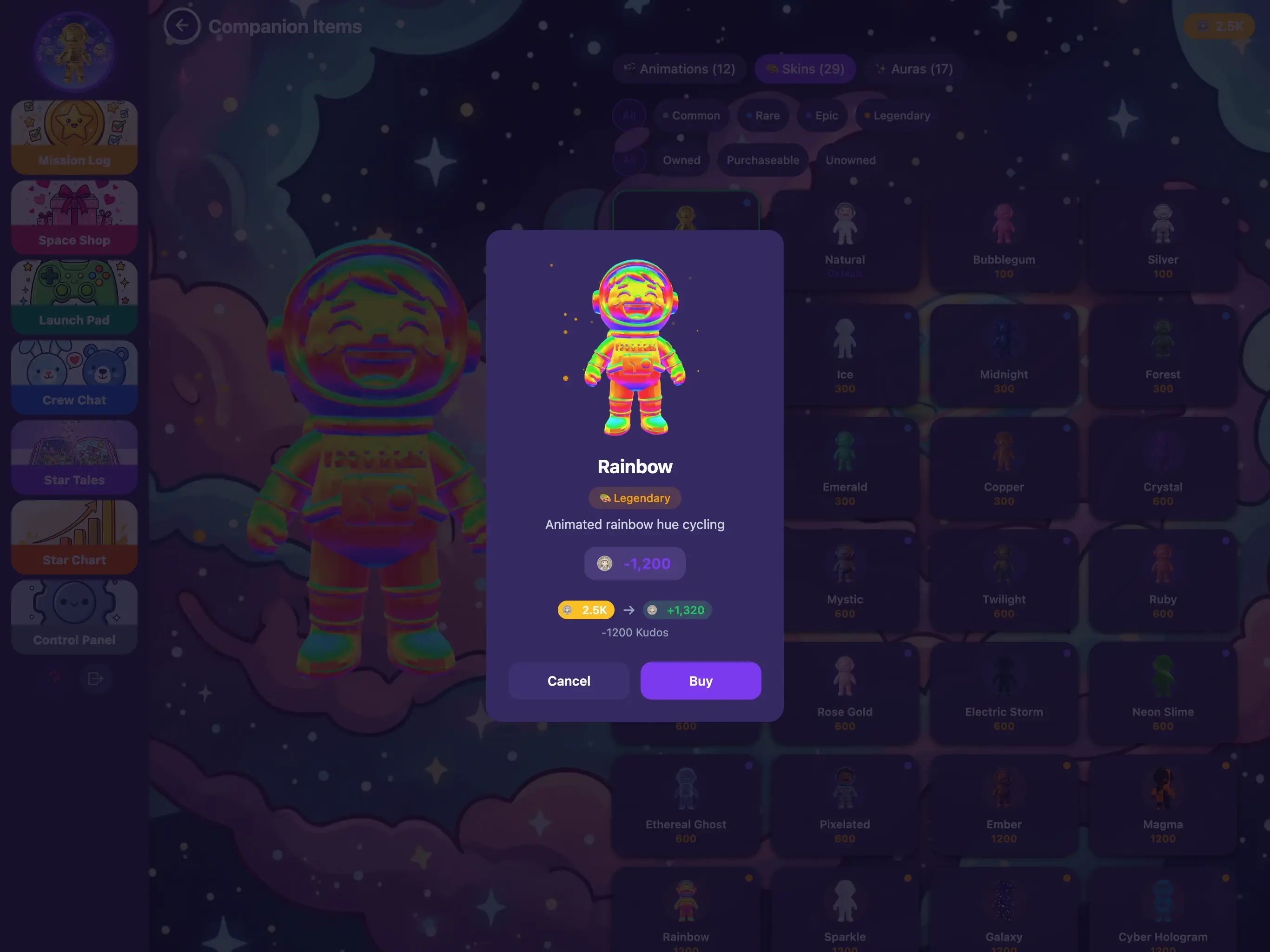 KudoKids Unlock Skins store on iPad — companion outfits priced in earned Kudo Coins.