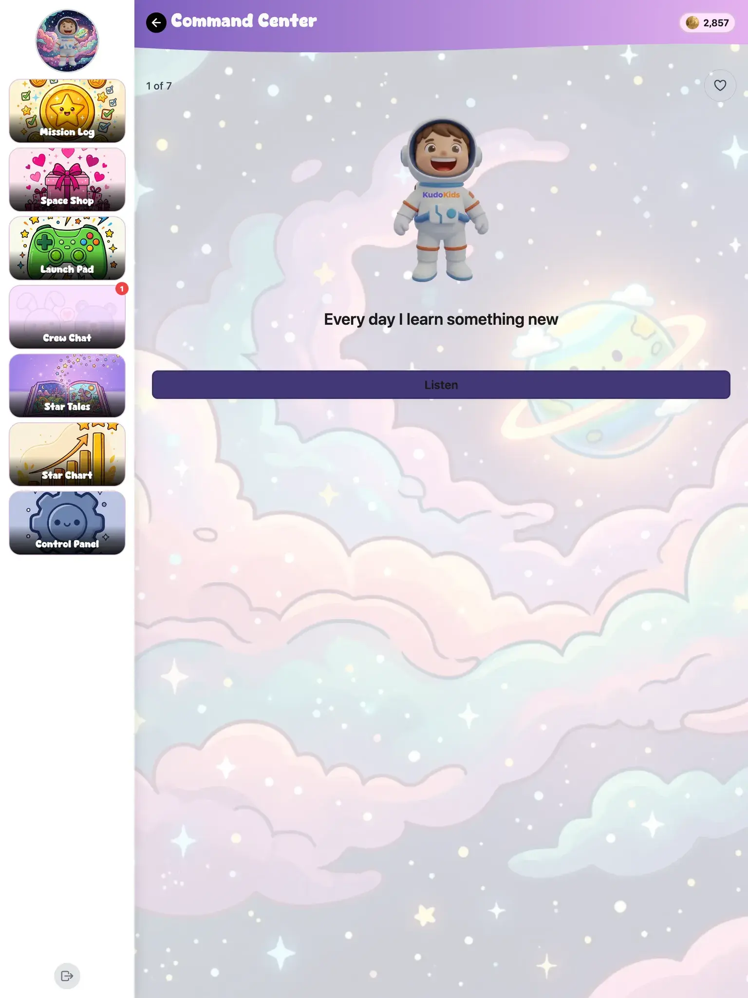 An affirmation session — Cosmo the astronaut kid floating above the phrase 'Every day I learn something new' with a Listen button.