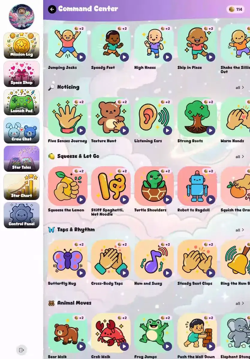 The KudoKids exercise library on a tablet — rows of illustrated cards grouped as Noticing, Squeeze & Let Go, Taps & Rhythm, and Animal Moves, each card showing the Kudo Coins it pays.