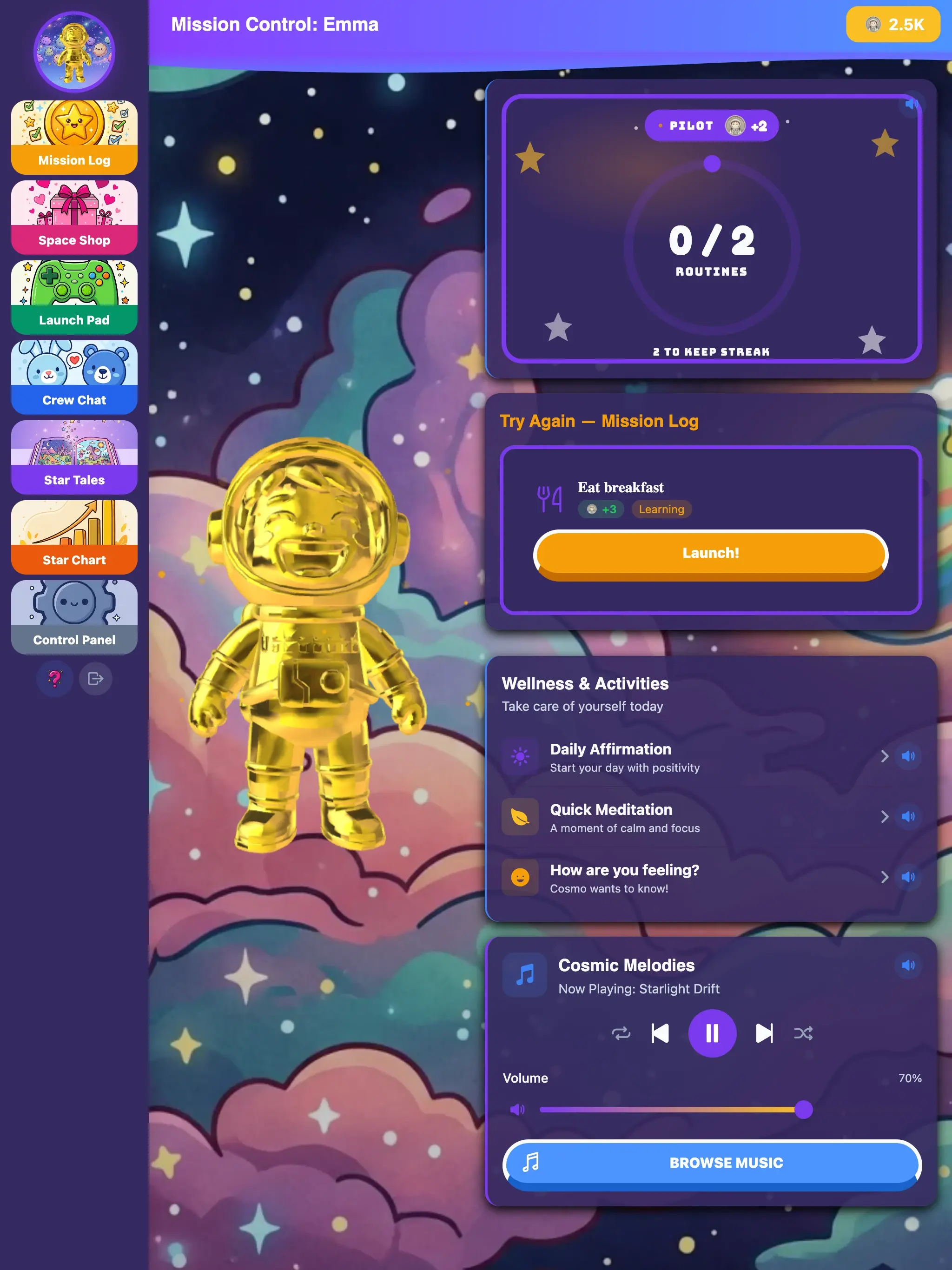 The KudoKids app home screen — a child's worlds, companion, and Kudo Coin balance
