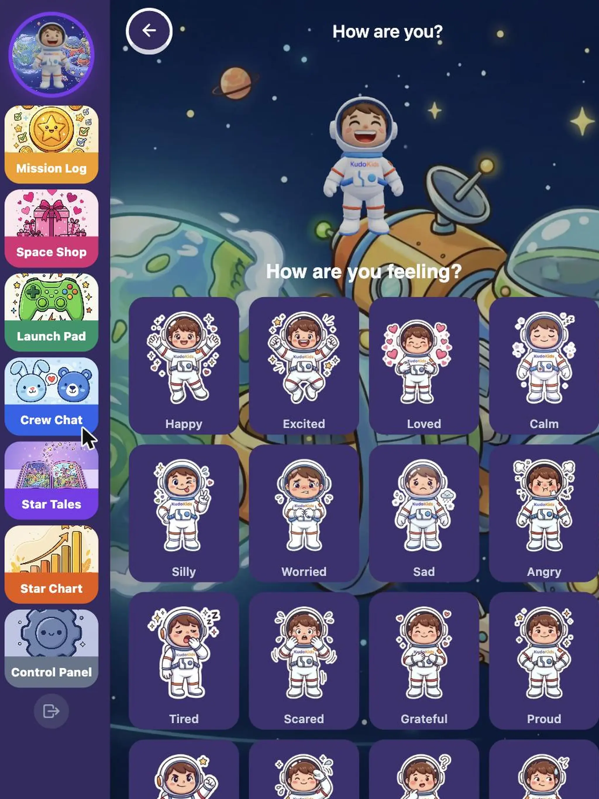 KudoKids child emotion check-in screen with the age-appropriate emotion picker and the child's 3D companion greeting them.
