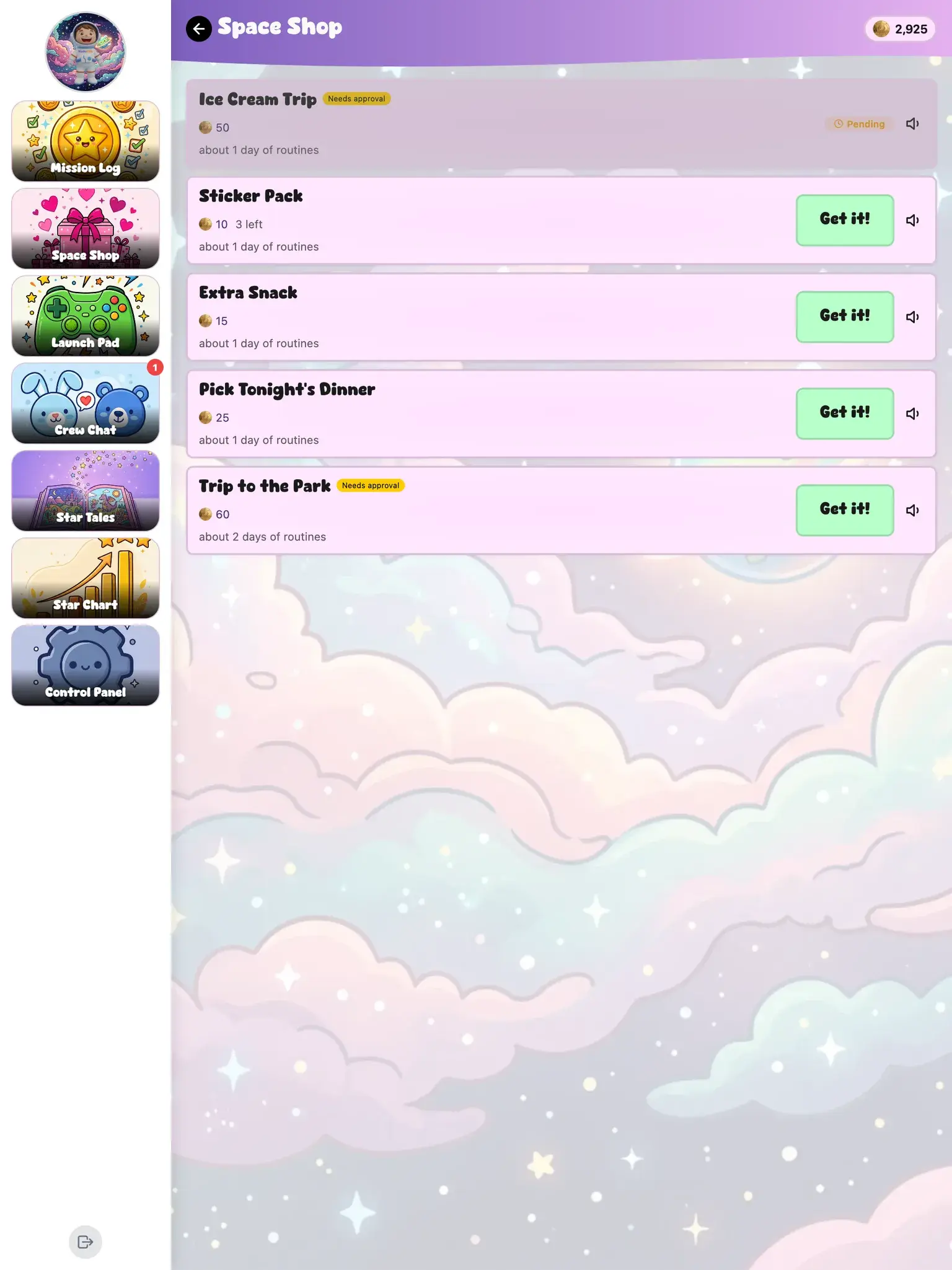 The store on a KudoKids iPad — an ice-cream trip, a sticker pack, an extra snack, picking tonight's dinner and a trip to the park, each priced in Kudo Coins with about how many days of routines it costs underneath; two are marked Needs approval.