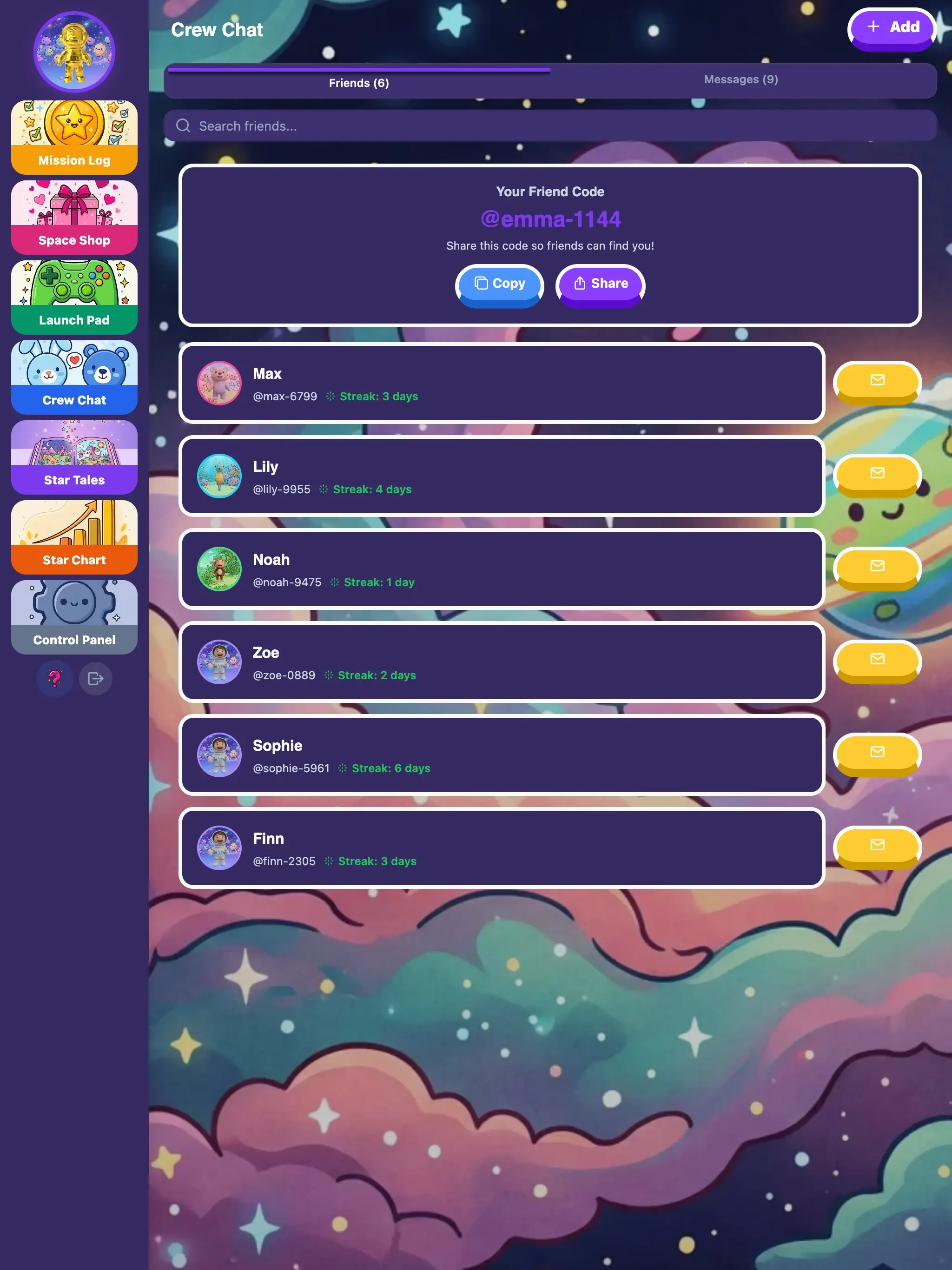 KudoKids child messaging screen showing a conversation with an approved friend by nickname.