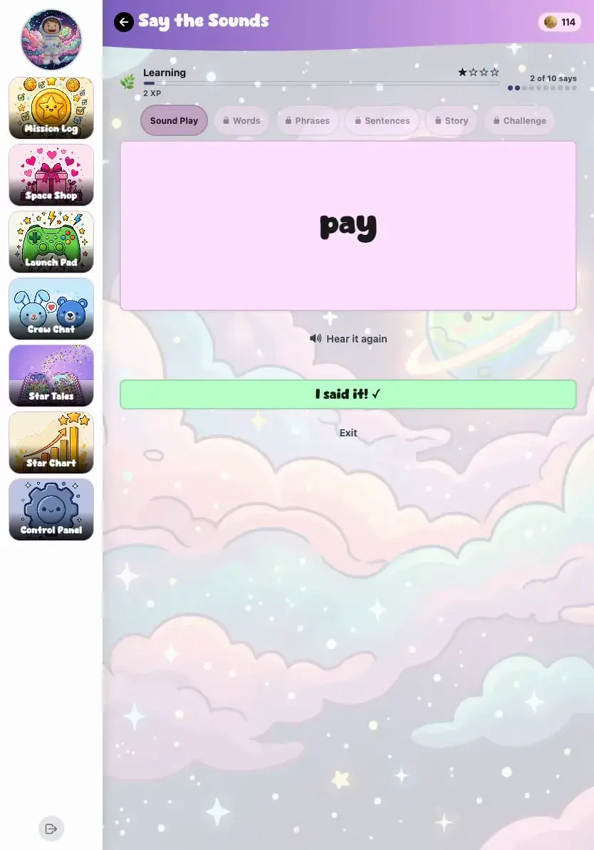 KudoKids Speech Sounds on a tablet — the word “pay” on a practice card, a Hear it again button, and a large “I said it!” button below it, with the practice levels running across the top.