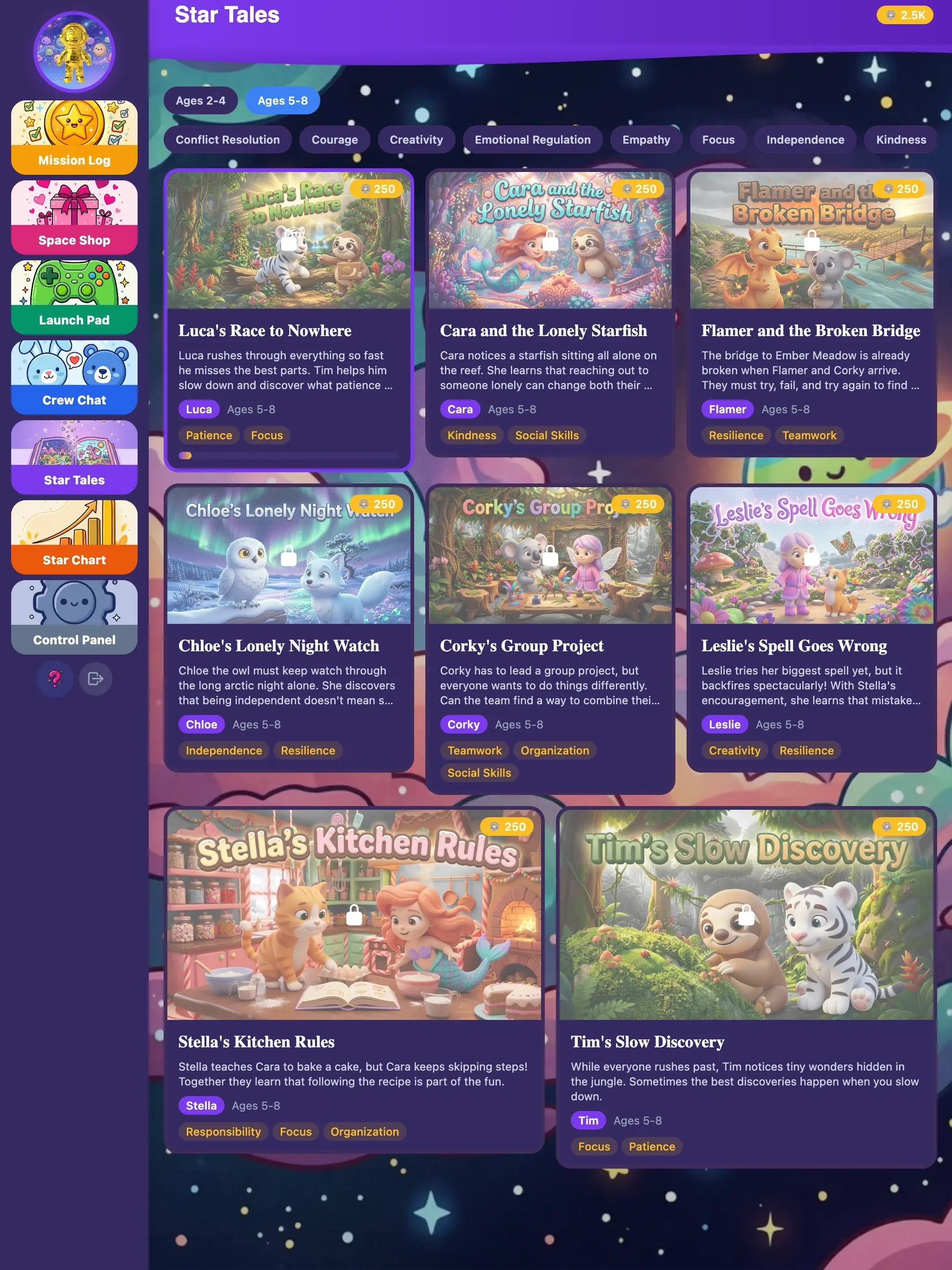 KudoKids child story library showing cover art and growth-area themes.