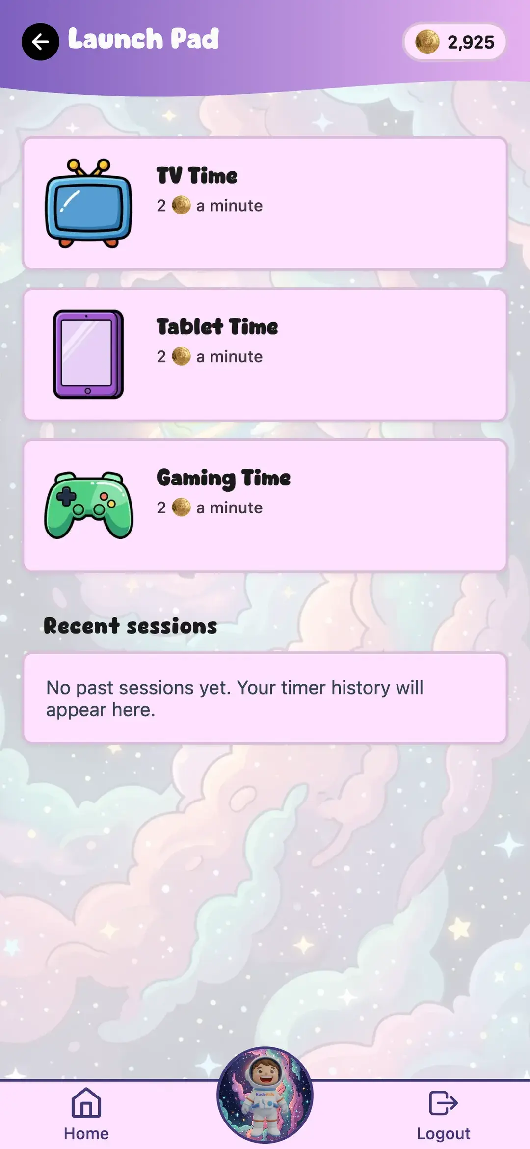 KudoKids device time on a phone — TV time, tablet time, and gaming time a child can buy with earned Kudo Coins, priced per minute.