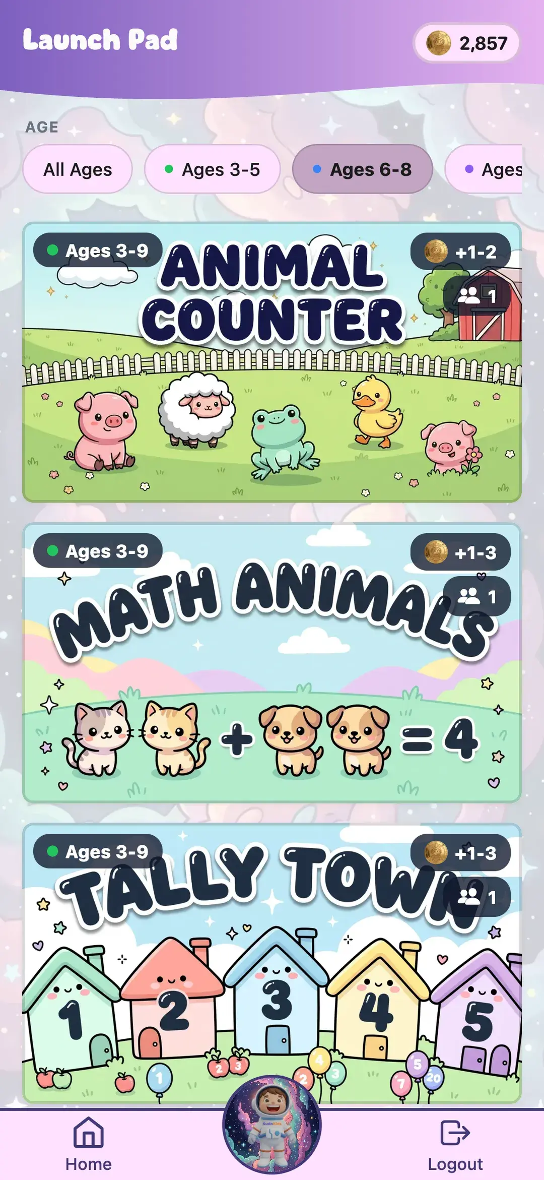 Learning games library — math, reading, science, and logic games that pay out Kudo Coins